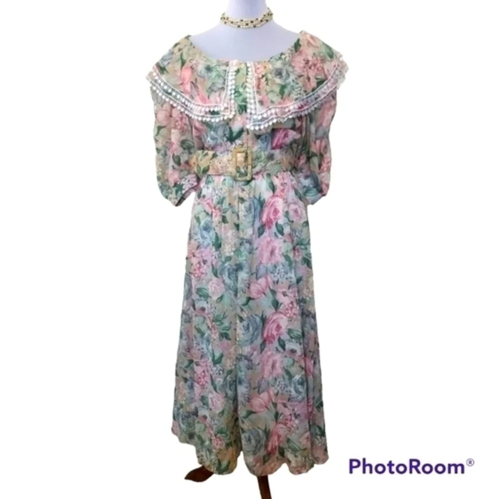 Vintage Floral Prairie Maxi Dress Lace Collar Cottagecore Romantic